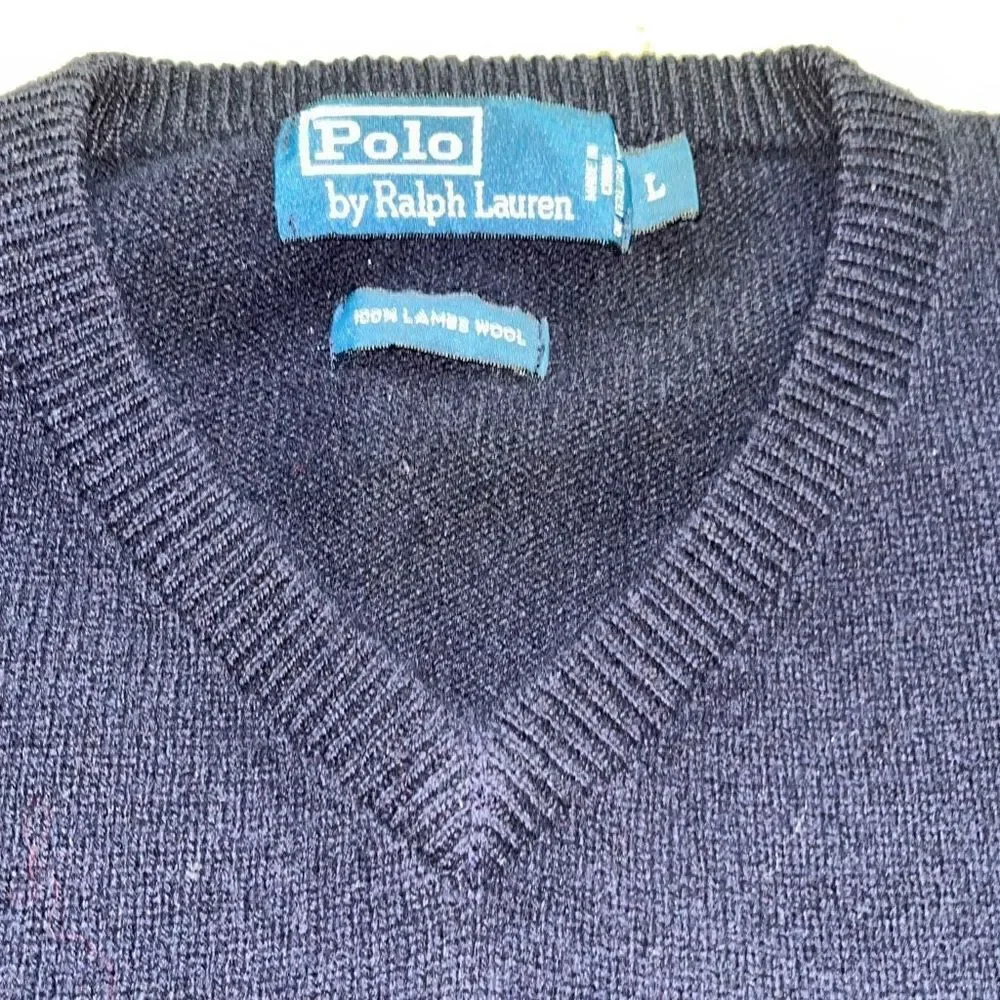 POLO RALPH LAUREN Men's Pure Lambswool Warm Soft Navy V-neck Jumper, size L